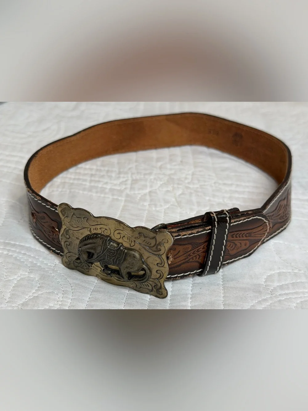 Kids Cowboy Western Rodeo Tooled Leather Belt Metal Horse Buckle Made In USA